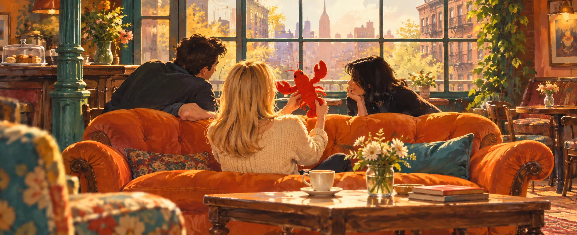 A blonde woman on an orange sofa holds up a red toy lobster to her friends in a sunlit coffee house.