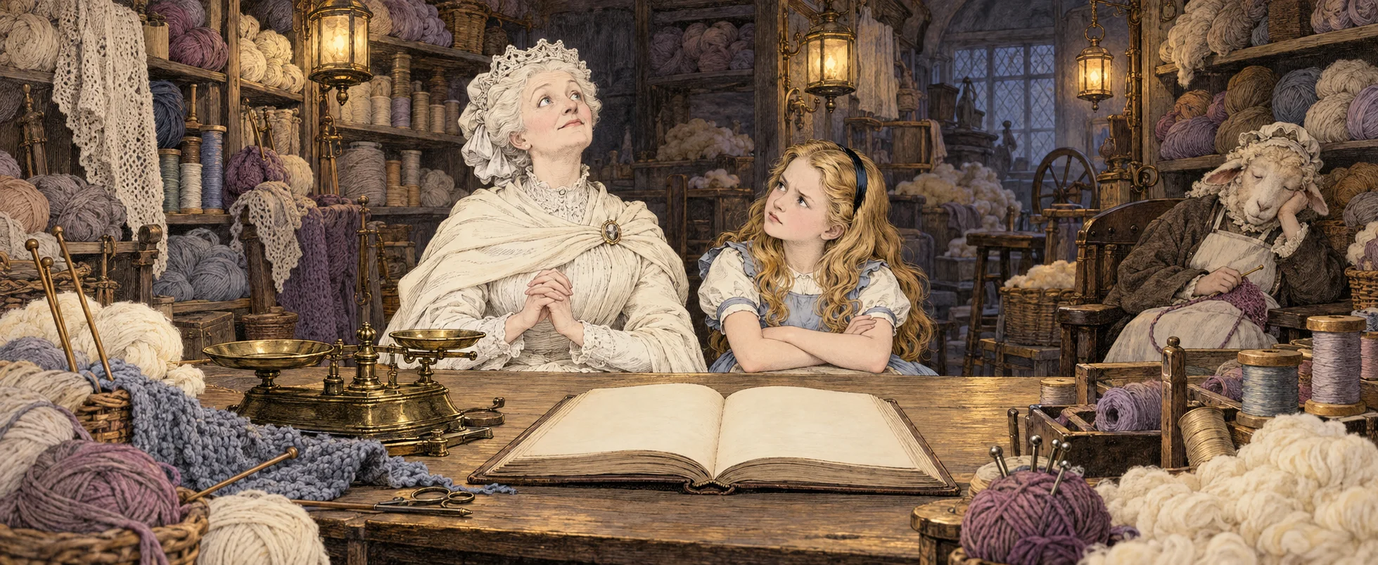 An old queen in white with a shawl sits at a cluttered wool-shop counter beside a girl in a blue pinafore, a sheep shopkeeper dozing behind them.