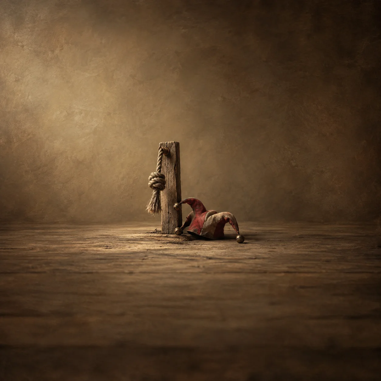 Painterly frayed rope knotted around a wooden post beside a fallen red and cream jester hat.