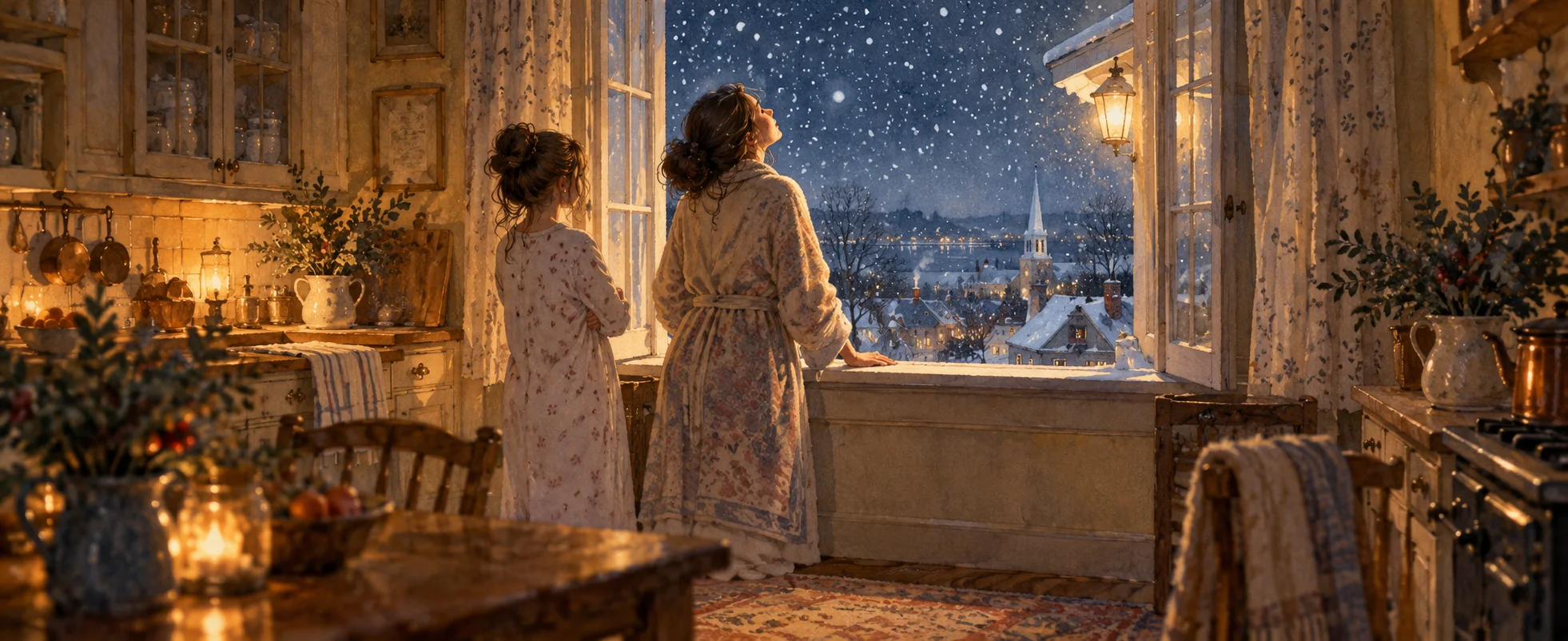 A mother and daughter in dressing gowns gaze out of a cosy kitchen window at the first snow over a small town.