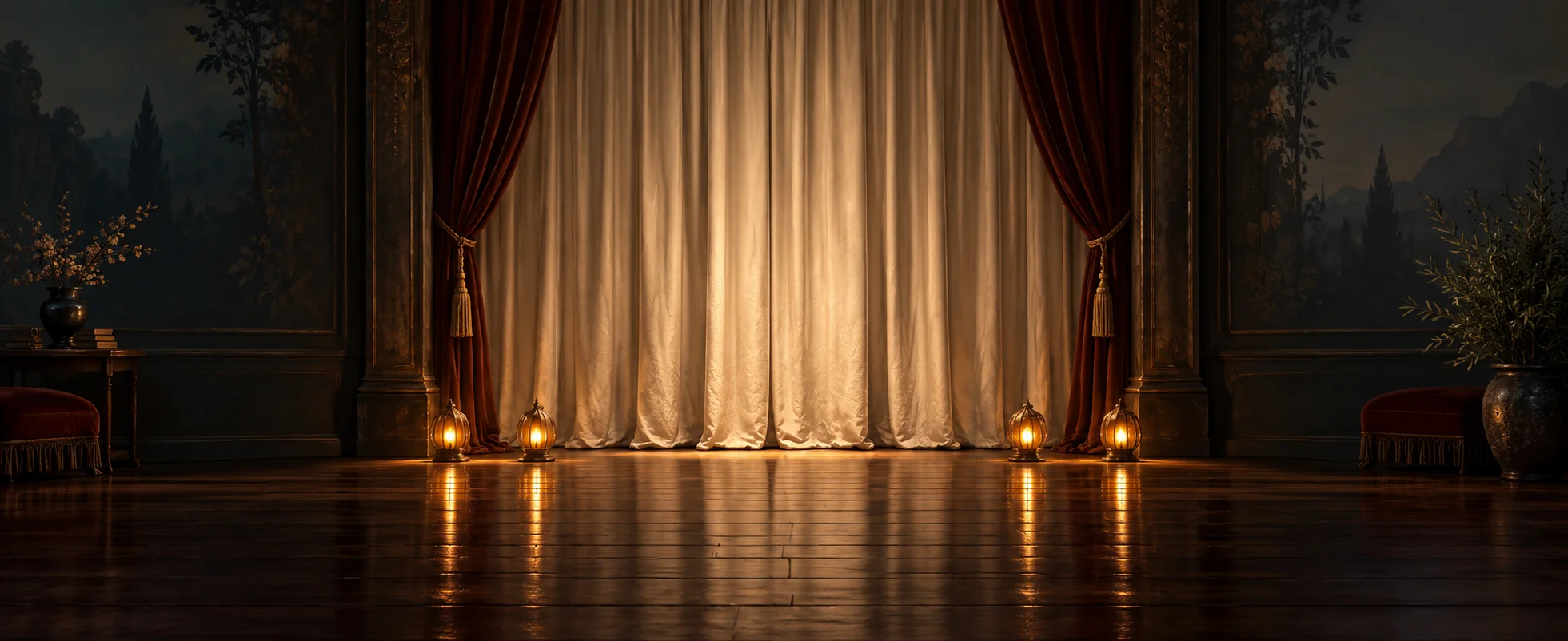 Small amber lights glow beside a closed cream theatre curtain on a polished wooden stage.
