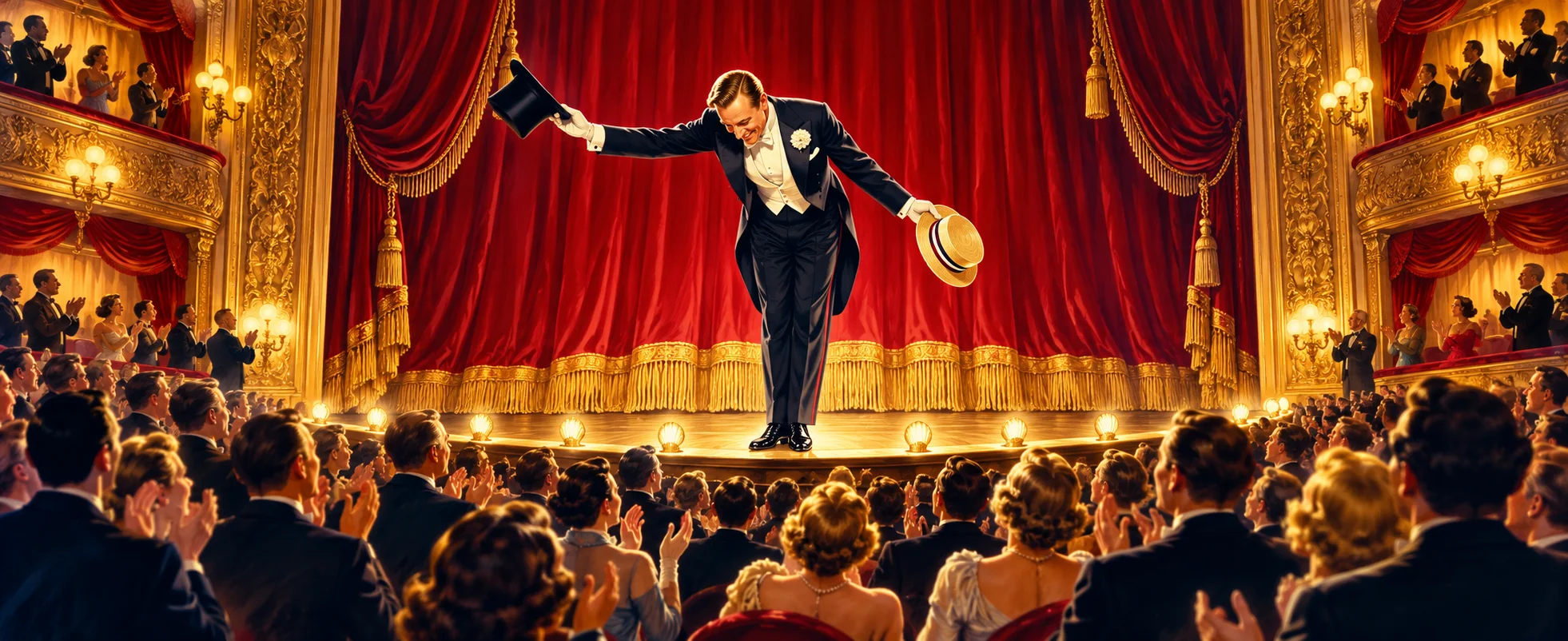 A performer in top hat and tails bows deeply on a gilded Broadway stage as a full house rises to applaud.