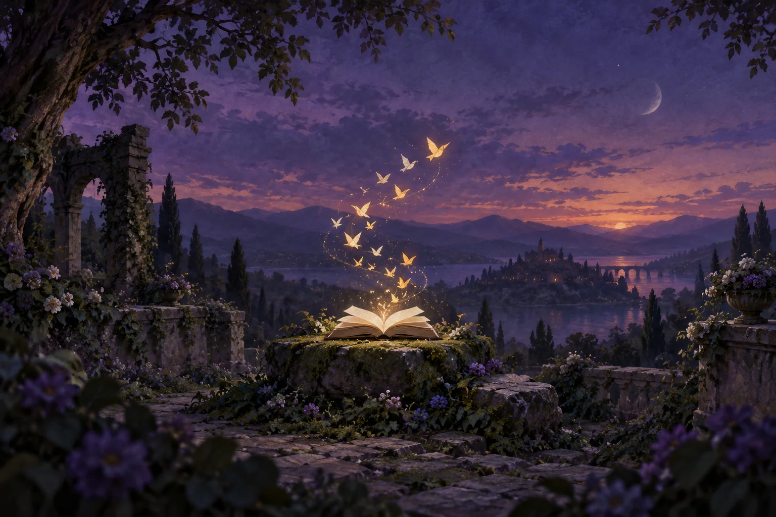Luminous paper birds and golden sparks rise from a blank open book on a mossy stone in a violet twilight garden.