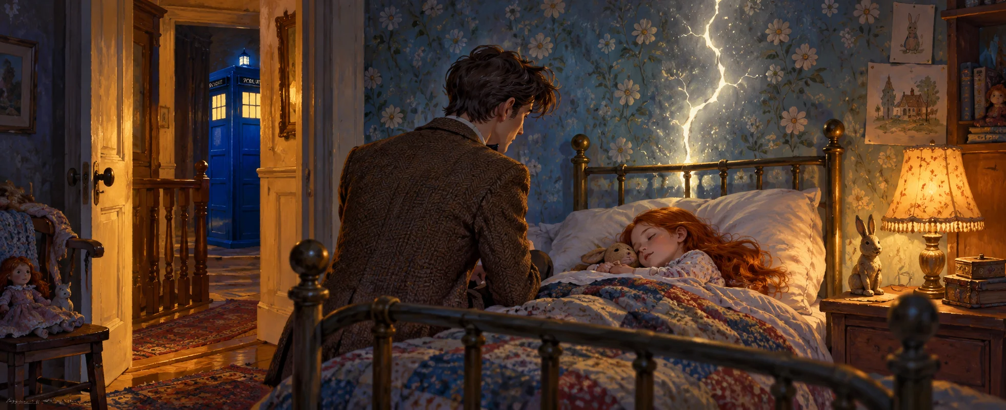 A young man in a tweed jacket sits on the bed of a sleeping red-haired girl, a glowing crack in the wallpaper above and a blue police box through the door.