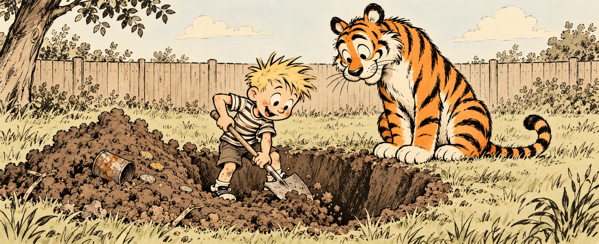 A spiky-haired boy in a striped shirt digs a deep hole in a backyard, a rusty can in the dirt, as a large tiger watches with interest.