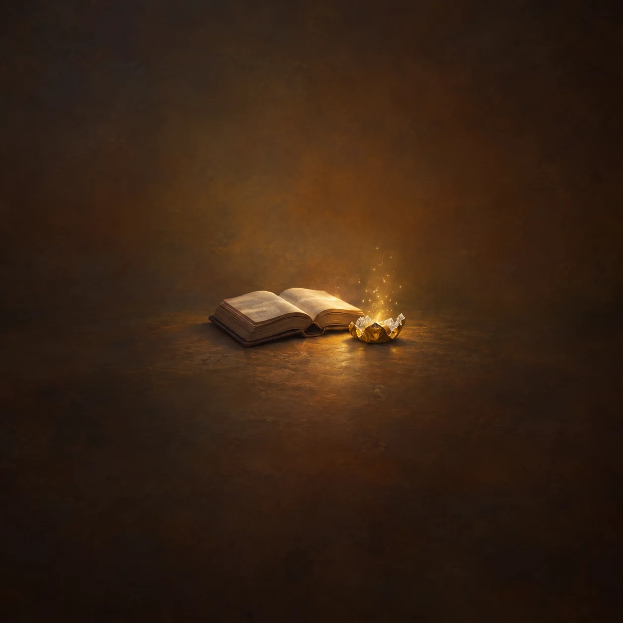 An open book rests beside a crumpled gold wrapper with glowing sparks rising from it on a dark wooden surface.