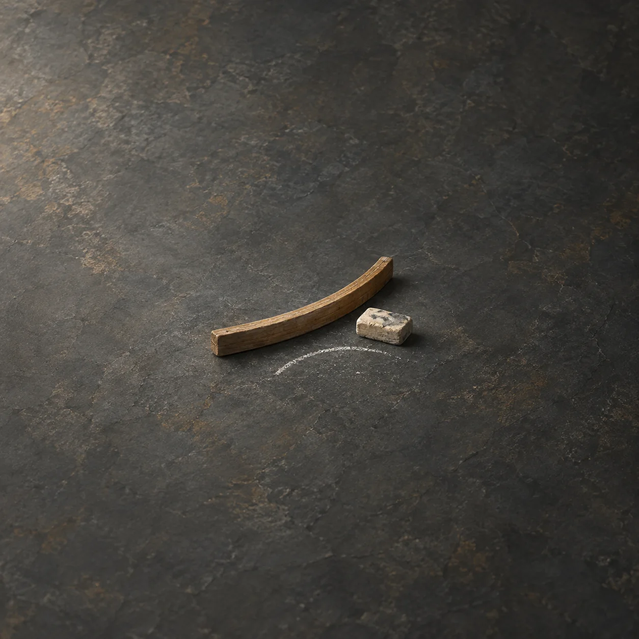 A curved wooden strip sits beside a worn eraser and a curved chalk mark on a dark slate surface.