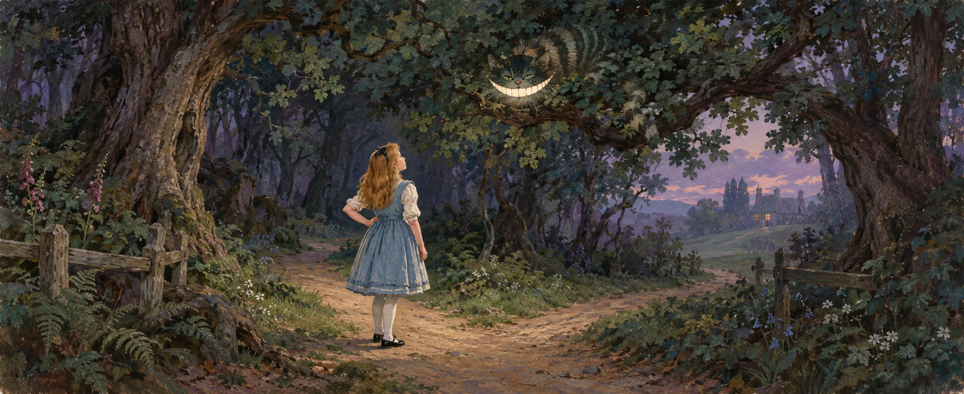 A girl in a blue pinafore looks up at a wide grin floating in the branches of a dusky wood at a fork in the path.