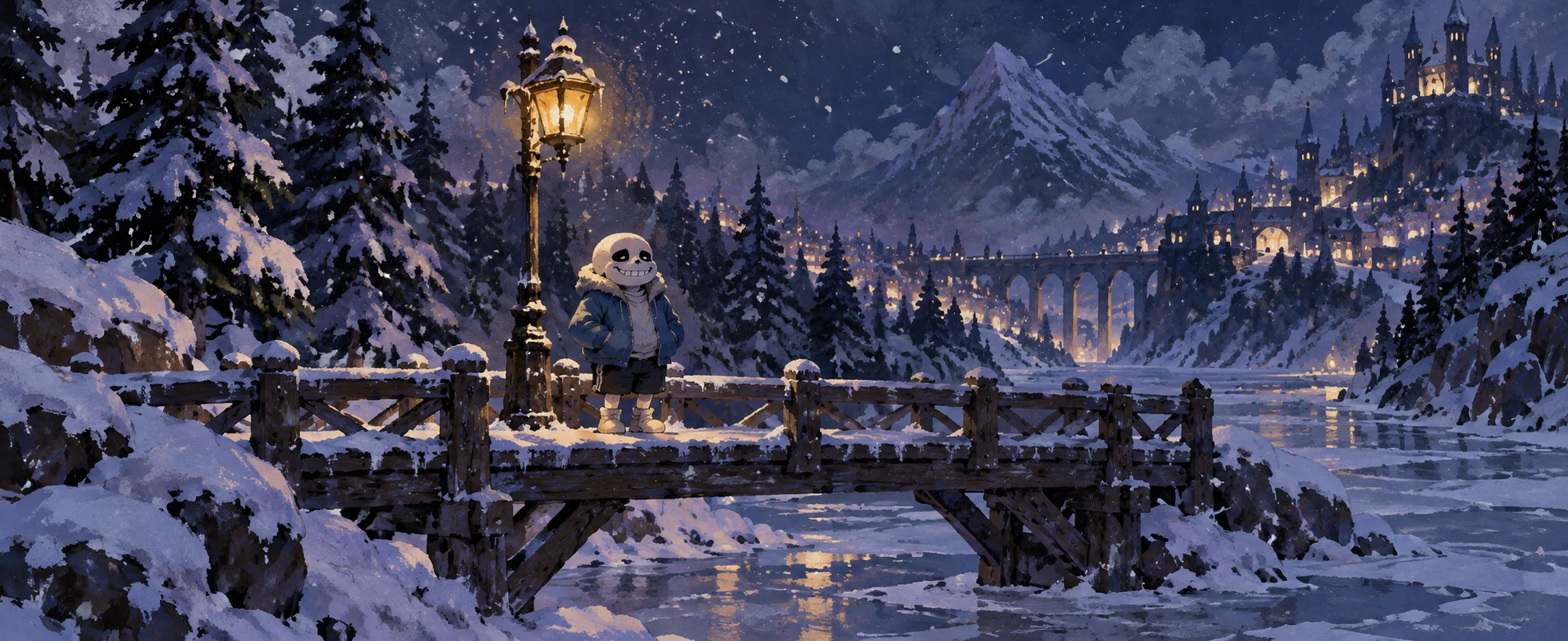 A short skeleton in a blue hoodie stands by a lamp post on a snowy wooden bridge at night.