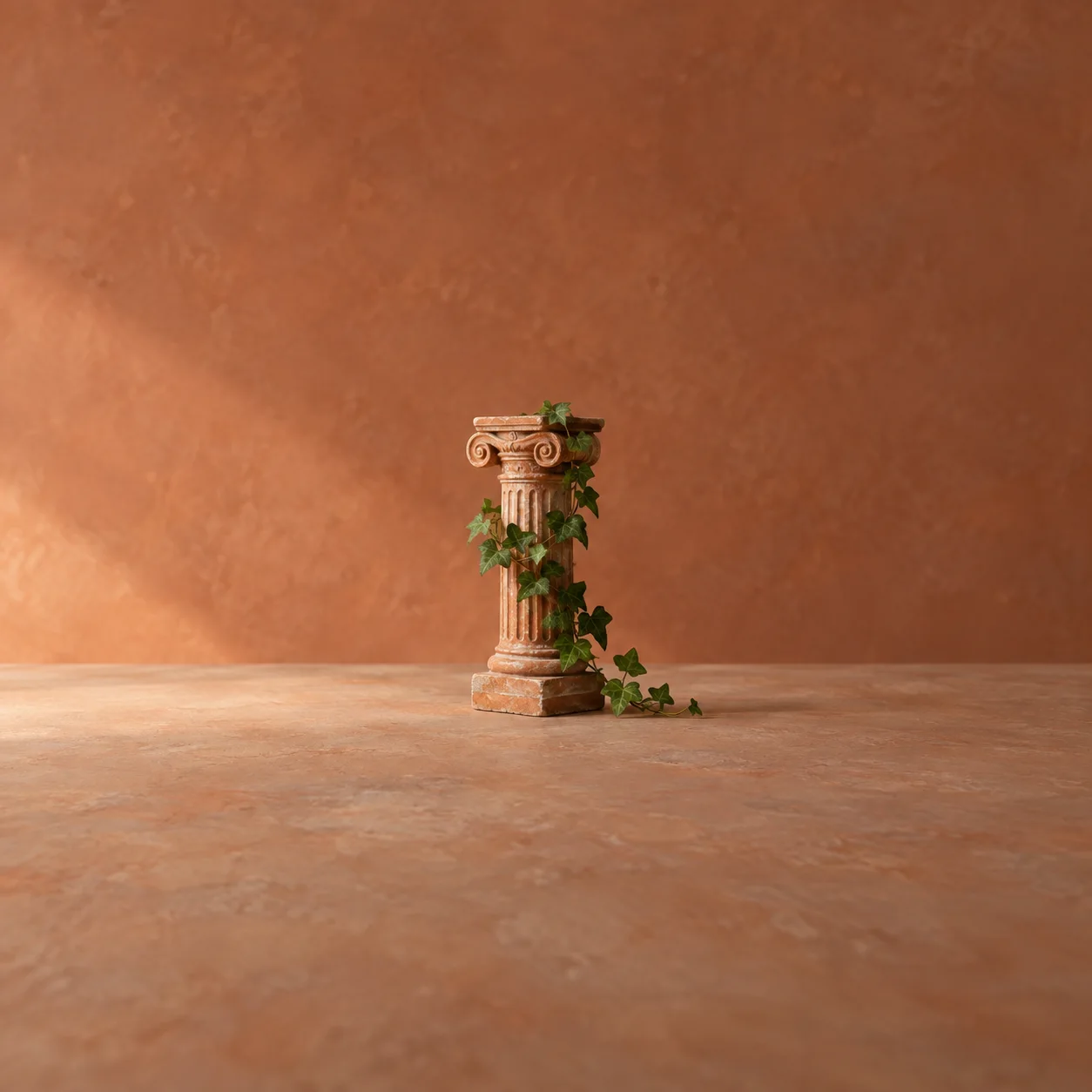 Ivy climbs a miniature stone column against a terracotta wall and floor.
