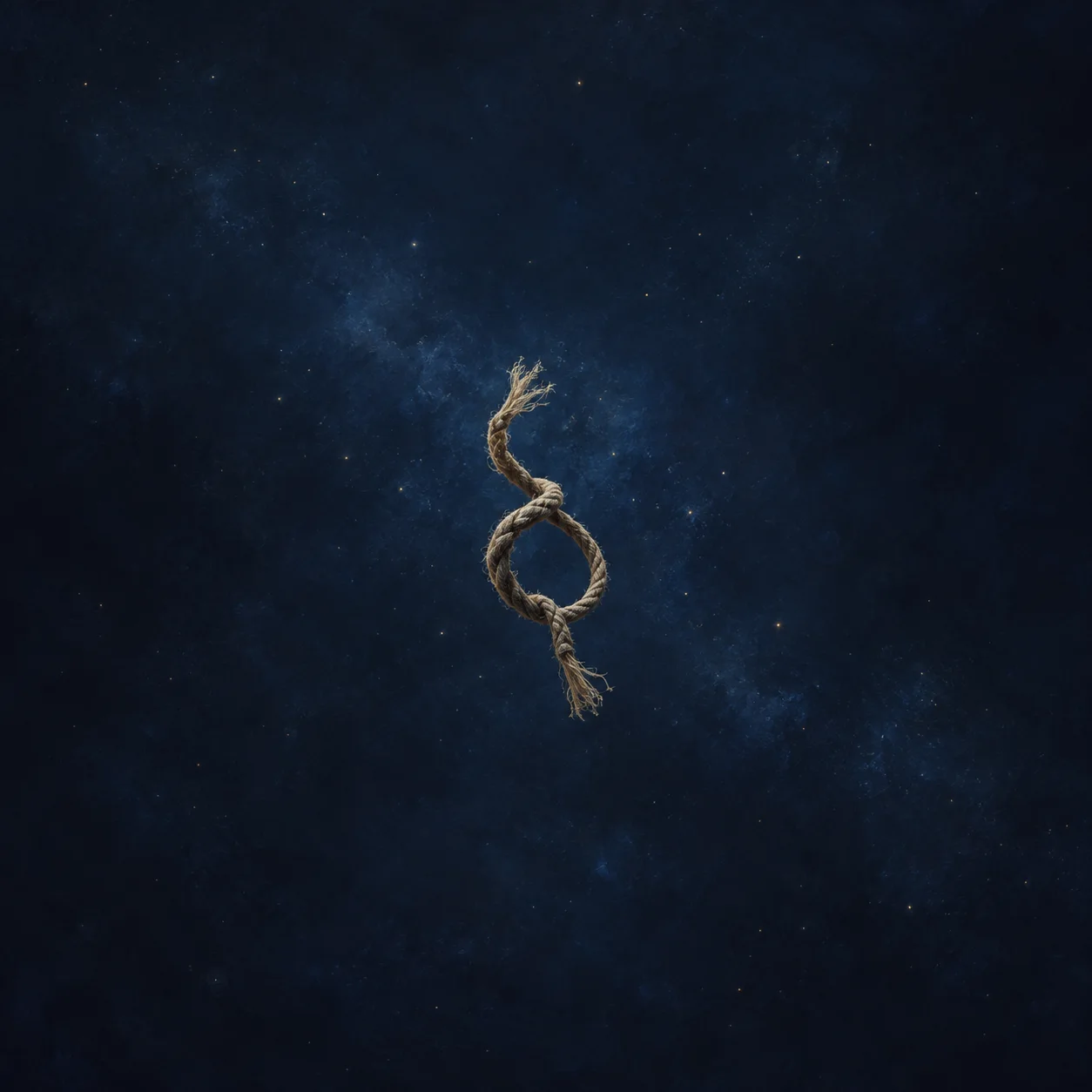 Painterly frayed rope forming a loose loop against a dark starry blue background.