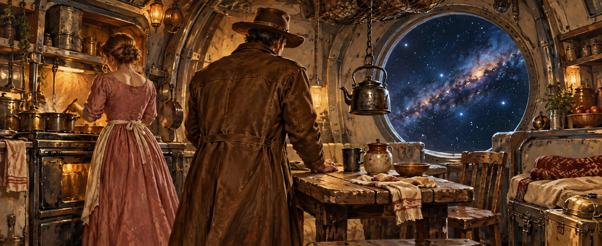 A woman in a pink dress cooks in a spaceship galley as a captain in a long brown coat stands watching.