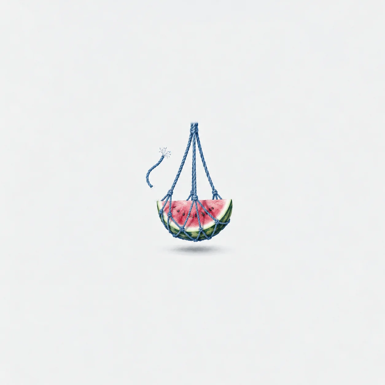 A snapped thin blue thread lies beside a braided blue cord holding up a net with a slice of watermelon, on a pale grey background.