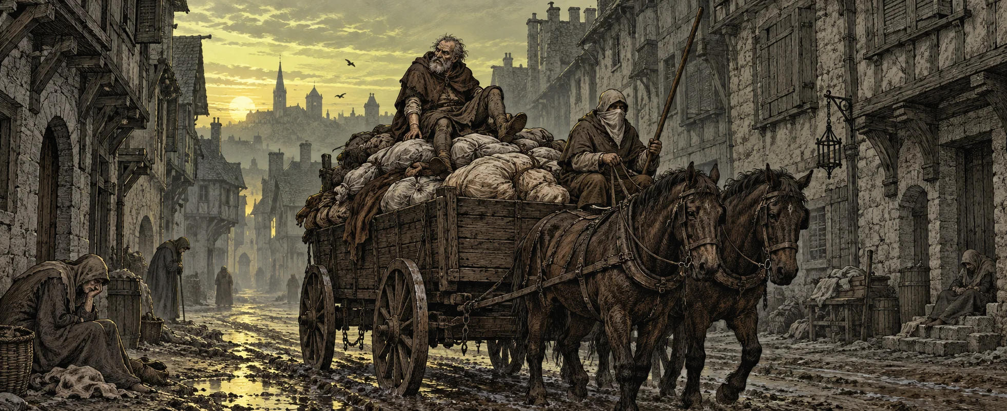 A cart piled with bodies creaks through a grim plague-stricken medieval street at dawn as an old man on top sits up.