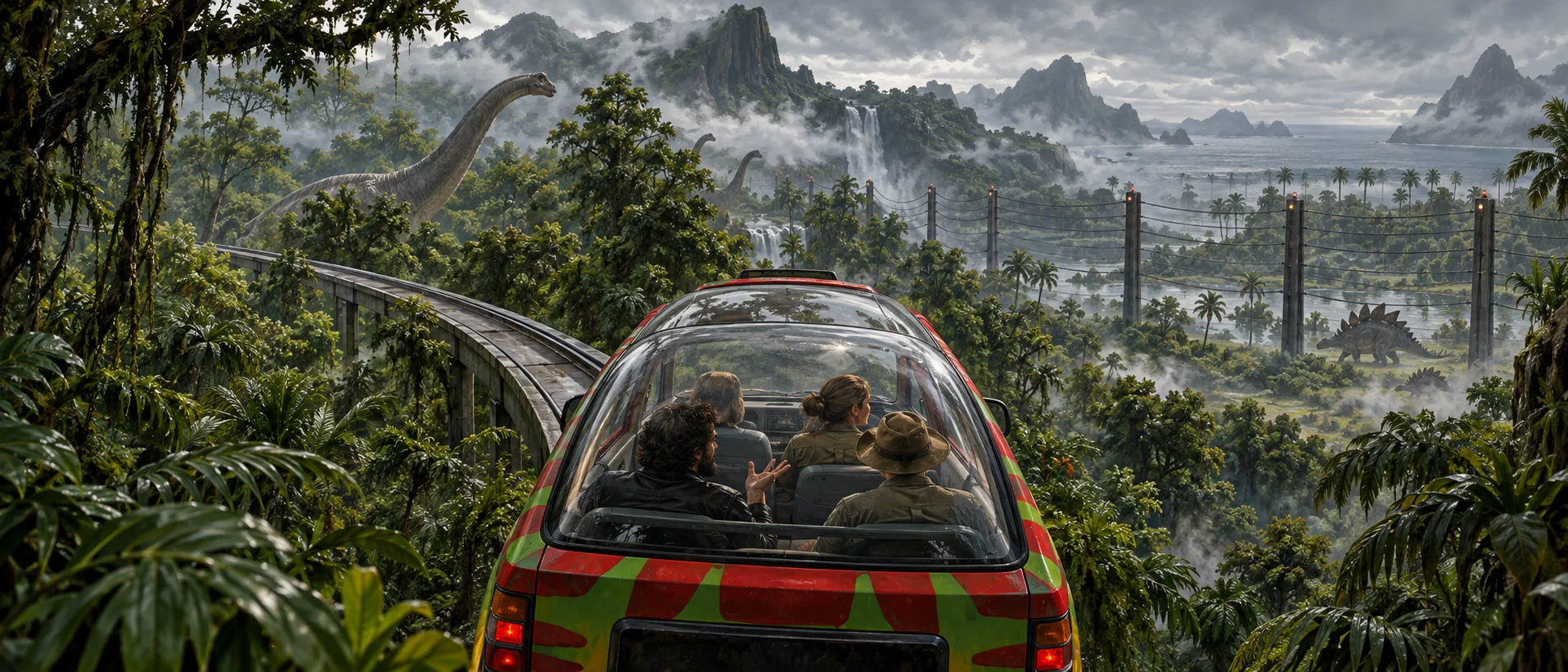 A red-and-green striped tour car with a glass dome glides on its track through a misty jungle, a long-necked dinosaur and a tall electric fence in the distance.