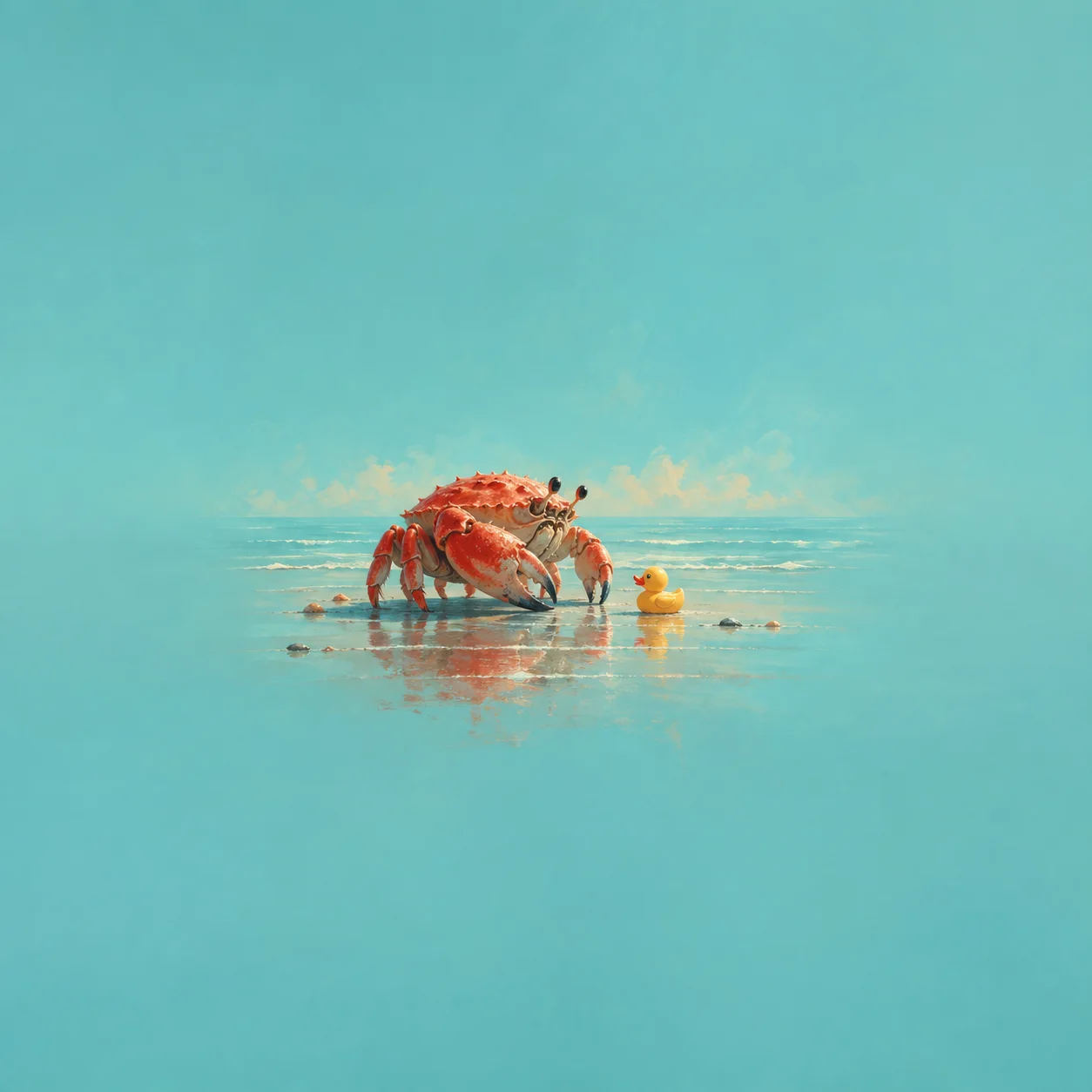 A large red crab beside a small yellow rubber duck on a wet turquoise surface.