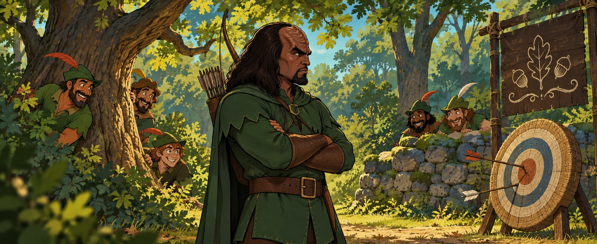 A Klingon officer in a green archer's tunic folds his arms in a sunlit forest as outlaws grin from the bushes.