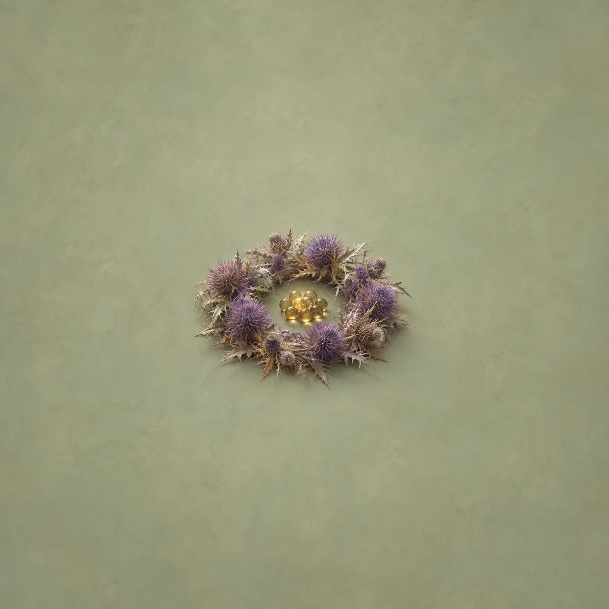 A wide wreath of dried purple thistles surrounds a small ring of golden glass marbles on a sage-green background.