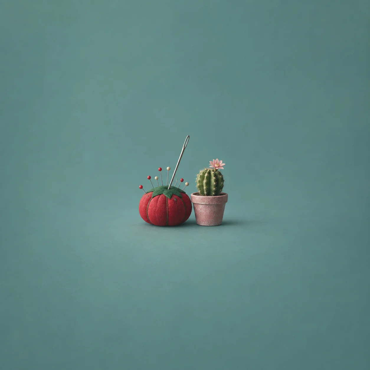 A tomato pincushion with a large needle beside a small cactus in a rose-coloured pot on a teal background.