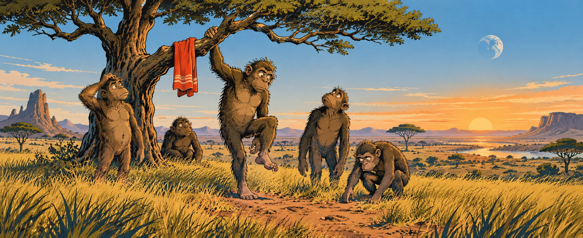 A troop of bewildered early apes climbs down from a lone tree onto a sunlit savannah, one tentatively lowering a foot to the ground.