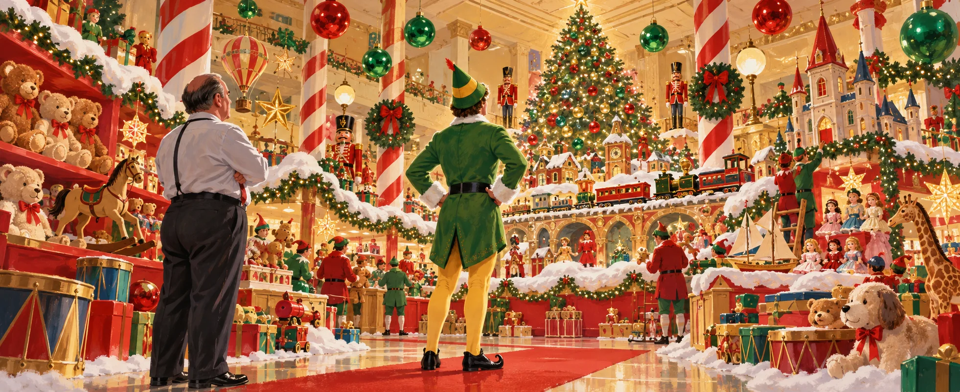 A tall man in an elf costume stands beaming in a department store's Christmas grotto as the manager watches.