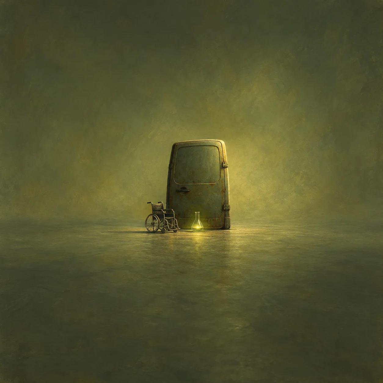 Painterly small wheelchair beside a closed metal door and glowing glass flask in green light.