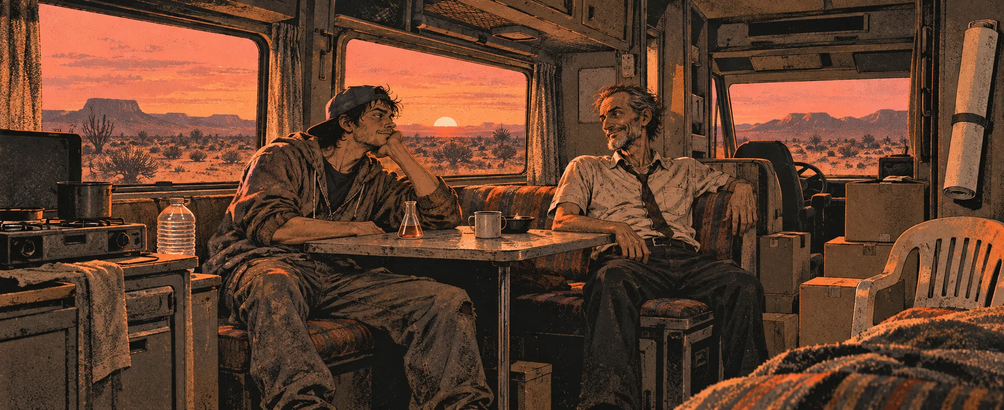 Two weary men sit at a table inside a cluttered camper van parked in the desert at sunset.