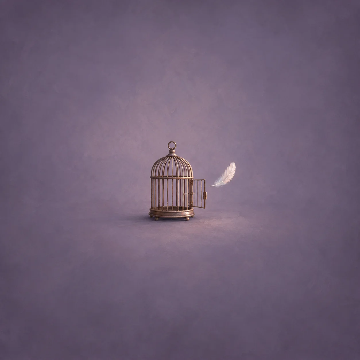 Painterly open birdcage beside a floating pale feather on a violet background.