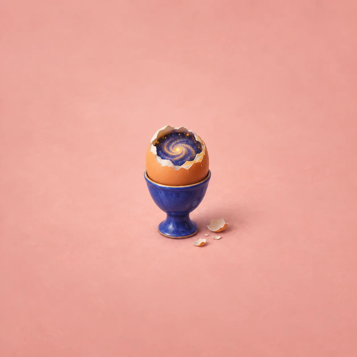 A cracked egg in a blue eggcup holds a glowing spiral galaxy, with shell fragments beside it against pink.