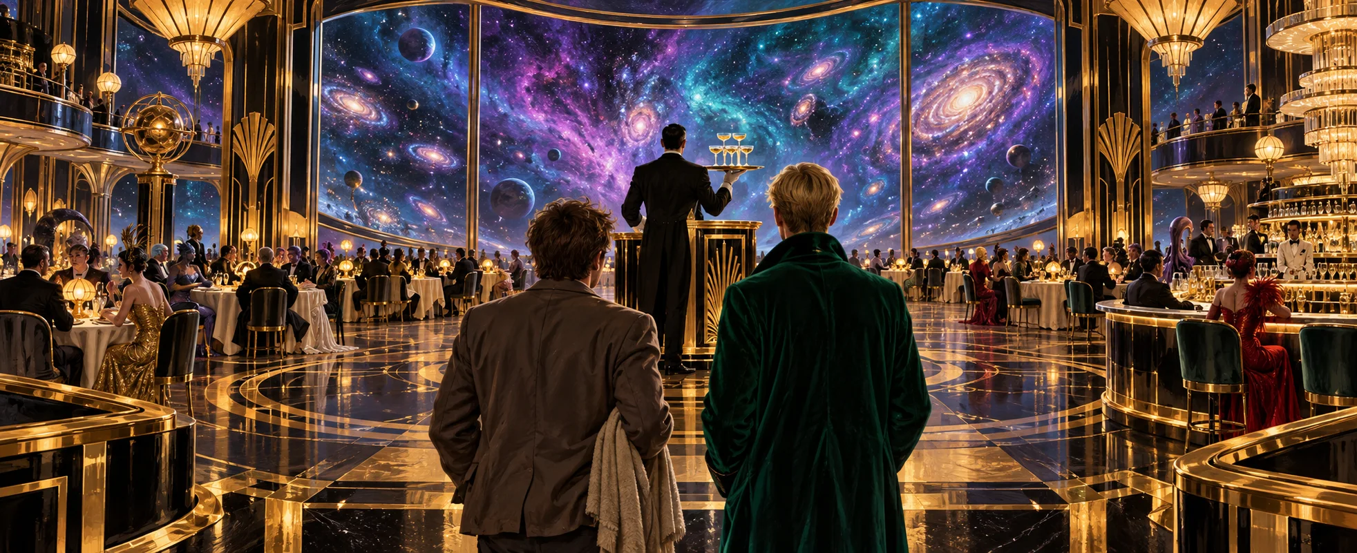 Two diners in coats arrive in a vast art-deco restaurant whose great window looks out on a swirling cosmos.