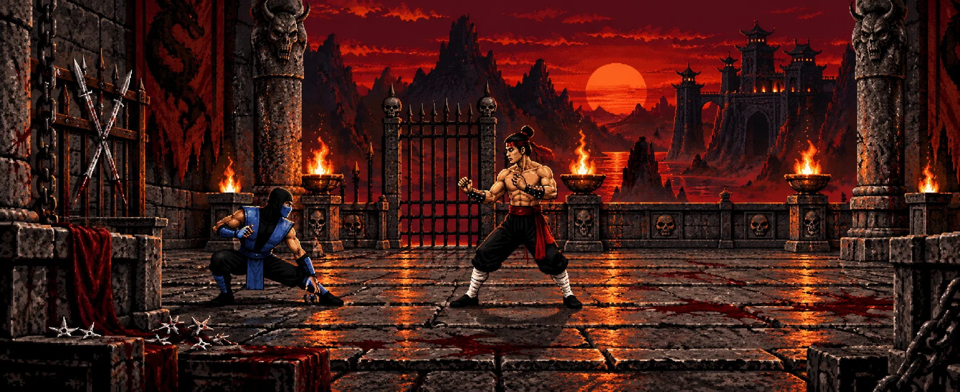 A masked ninja in blue crouches opposite a shirtless monk in a torchlit stone arena under a blood-red sky.