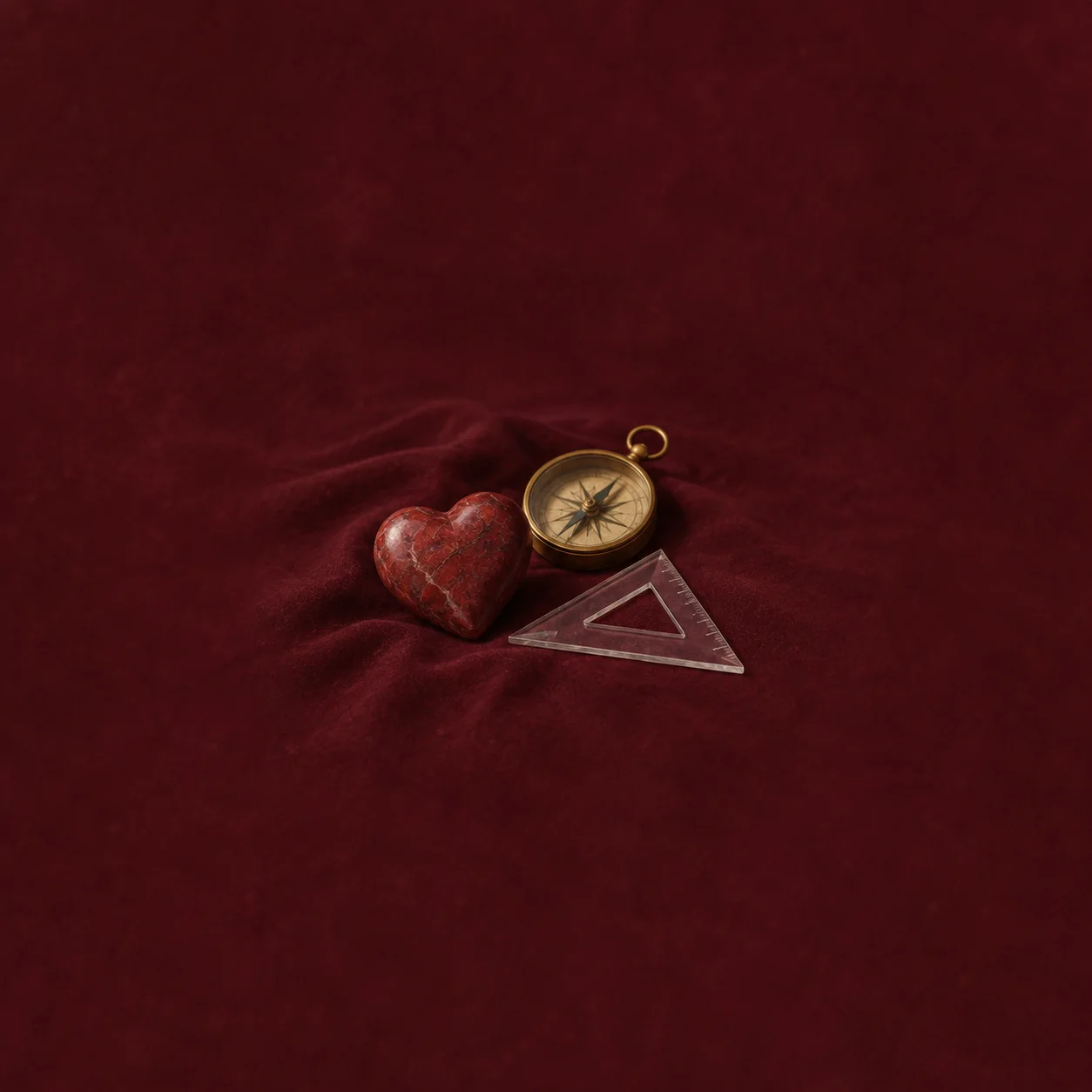 Painterly red heart-shaped stone beside a brass compass and triangular ruler on burgundy velvet.
