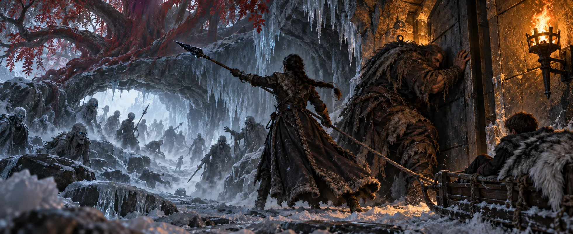 In an icy cave beneath a red-leaved tree, a woman with a spear shouts as a huge man braces a door against a flood of pale corpses breaking through.