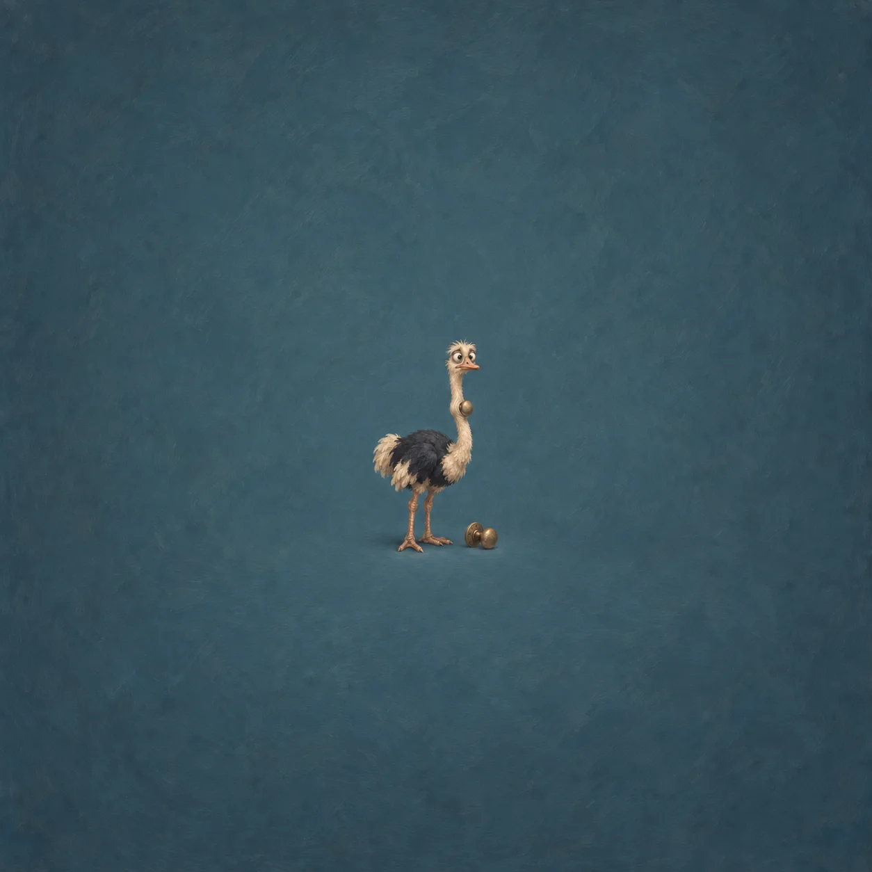A wide-eyed ostrich with a round brass bulge on its neck stands beside a doorknob against blue.