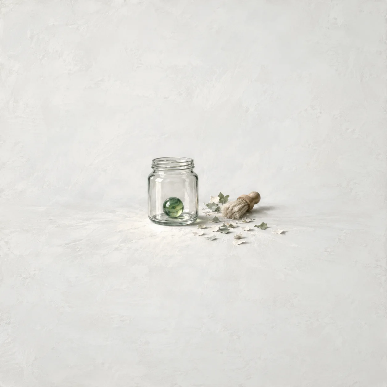A glass jar containing one green marble beside a small brush and scattered scraps on a white surface.