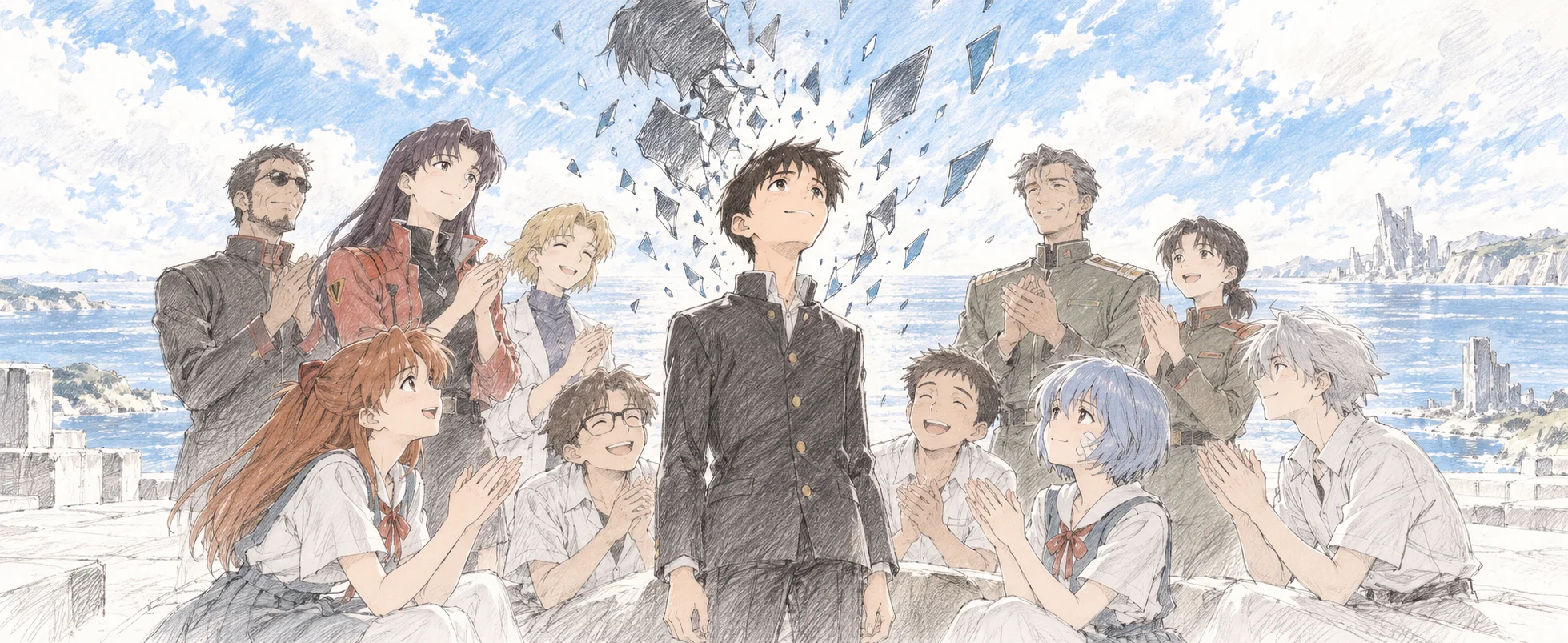 Anime illustration in soft pencil and watercolour: a boy in a dark school uniform stands smiling and looking up as glass shards fall around him, while a ring of applauding friends and adults surrounds him on a seaside terrace.