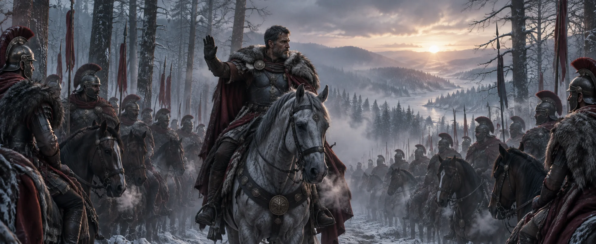 A Roman general in a fur-collared cloak rides a grey horse past his waiting cavalry in a misty, snowy forest.