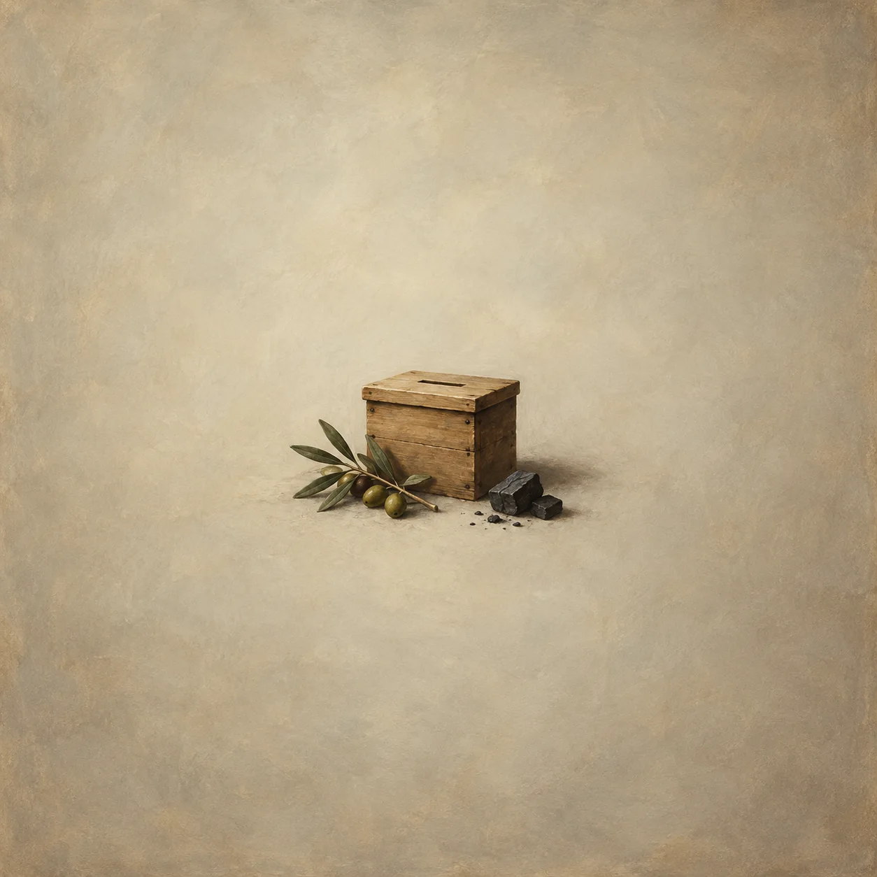Unmarked wooden ballot box with visible slot