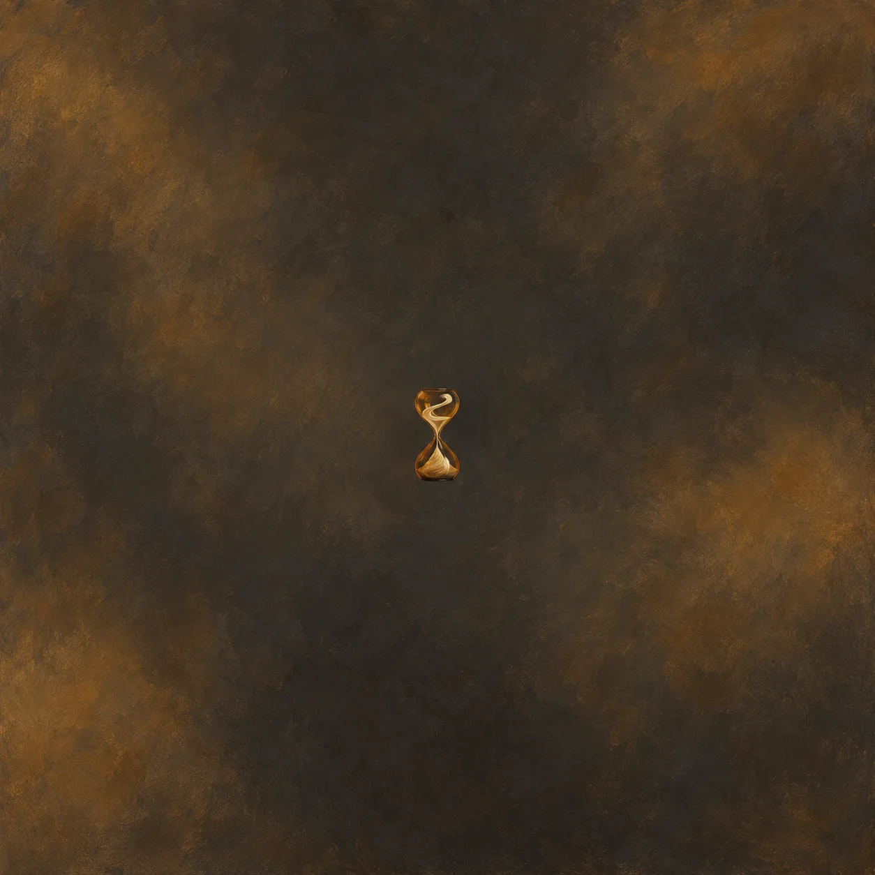 A small amber glass hourglass containing a pale curled swirl on a charcoal and amber background.