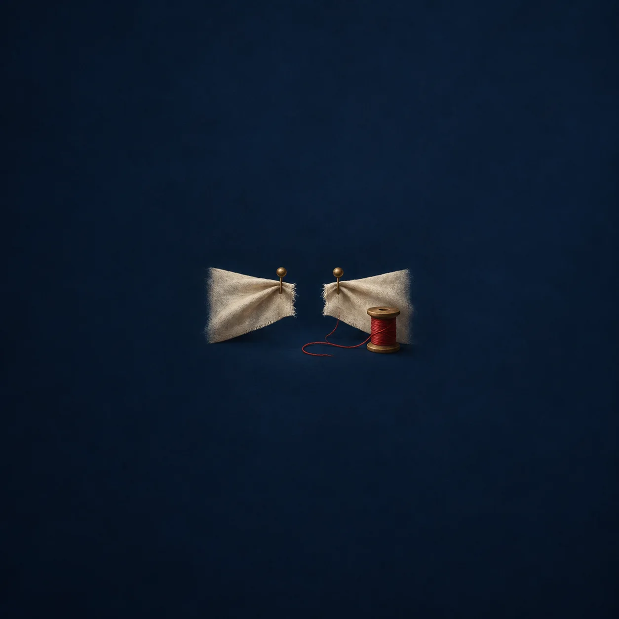 Two torn pale fabric pieces are pinned apart beside a reel of red thread.