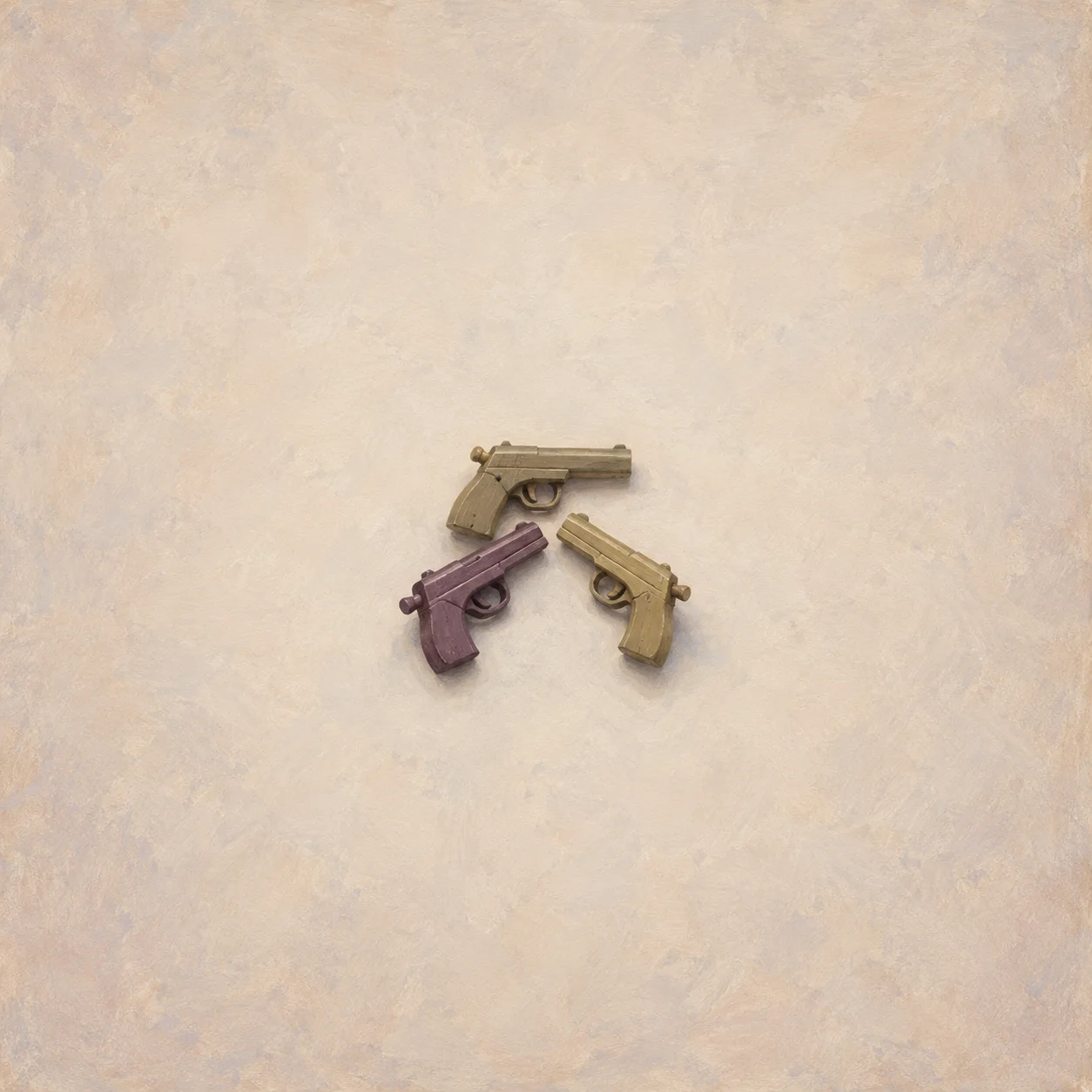 Three small unmarked stylized pistols in a compact static arrangement