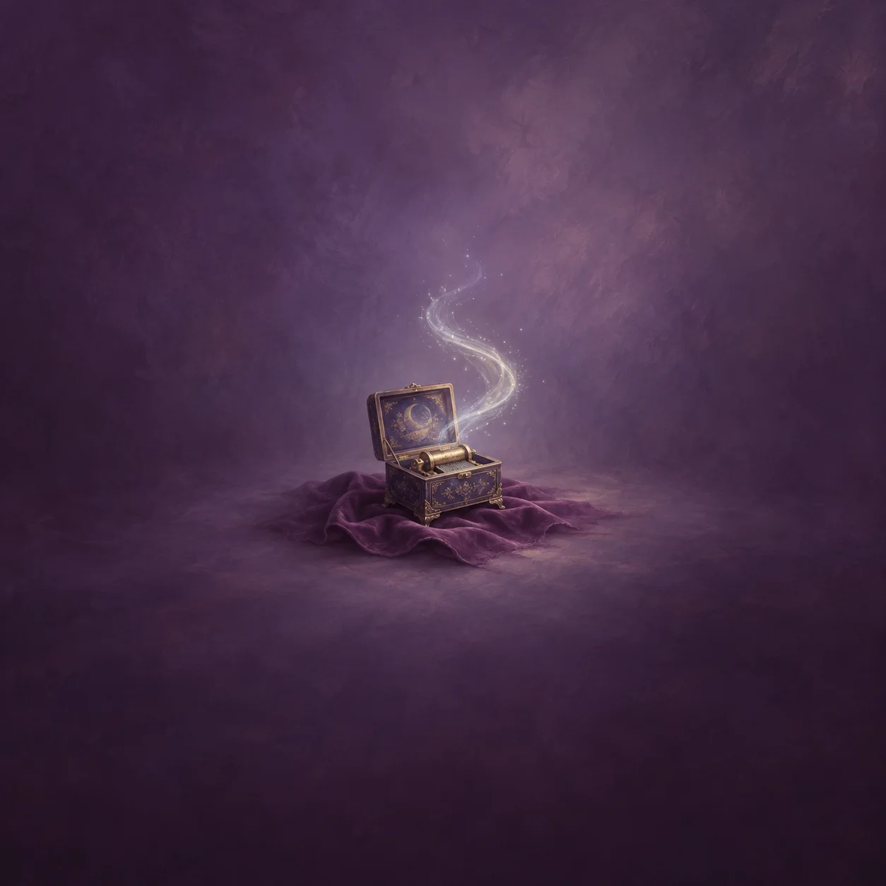 An open music box with a ribbon of silver light rising from it on a plum cloth.