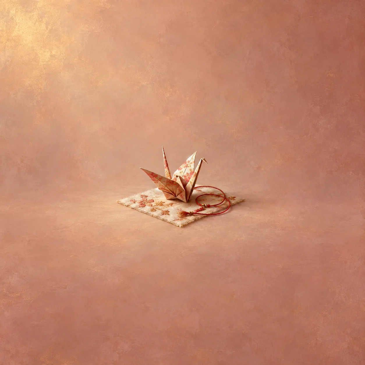 A patterned paper crane stands on embroidered cloth beside a loop of red thread against dusty rose.