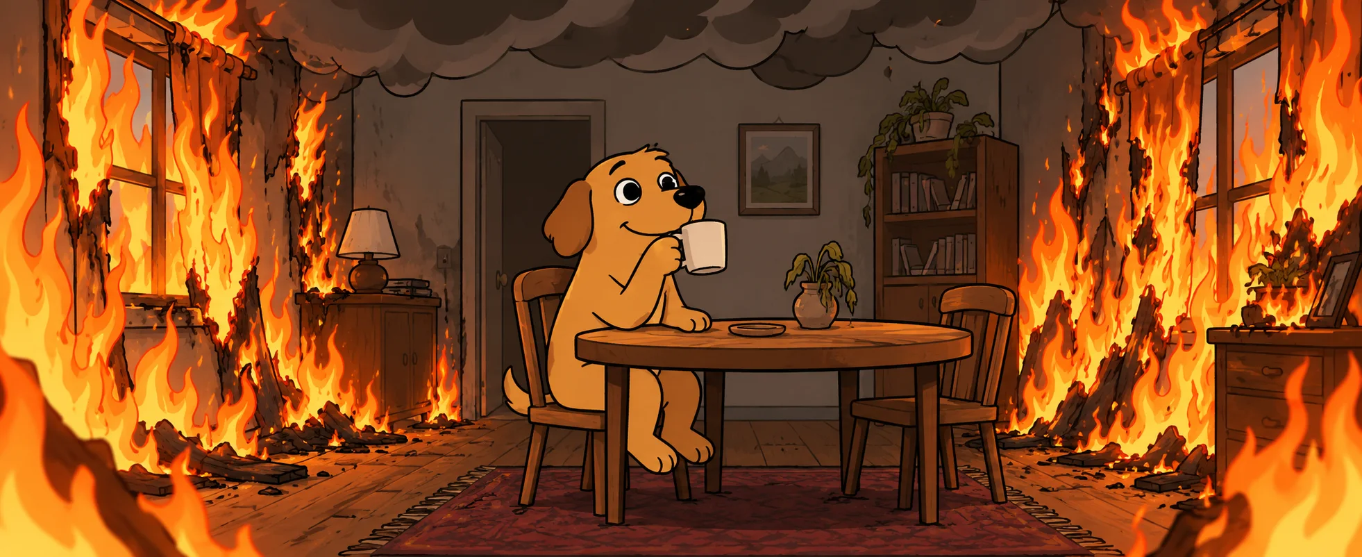 A cartoon dog sips coffee at a kitchen table while flames fill the room around him.
