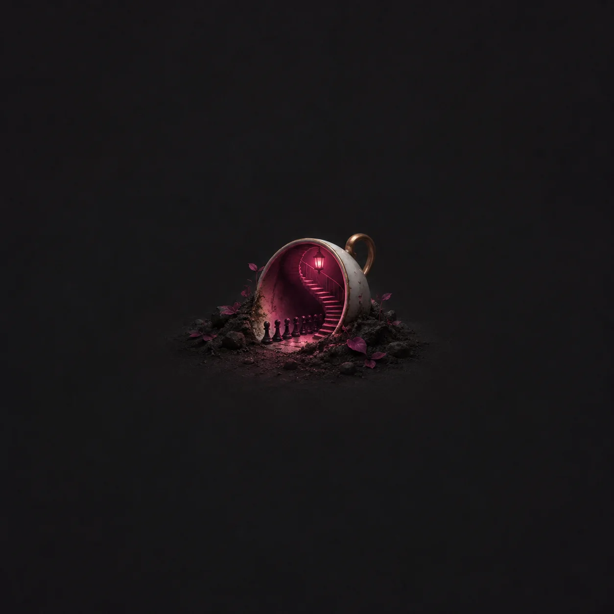 A partly buried teacup opens onto a glowing magenta staircase, with small black chess pieces lined up at its base.
