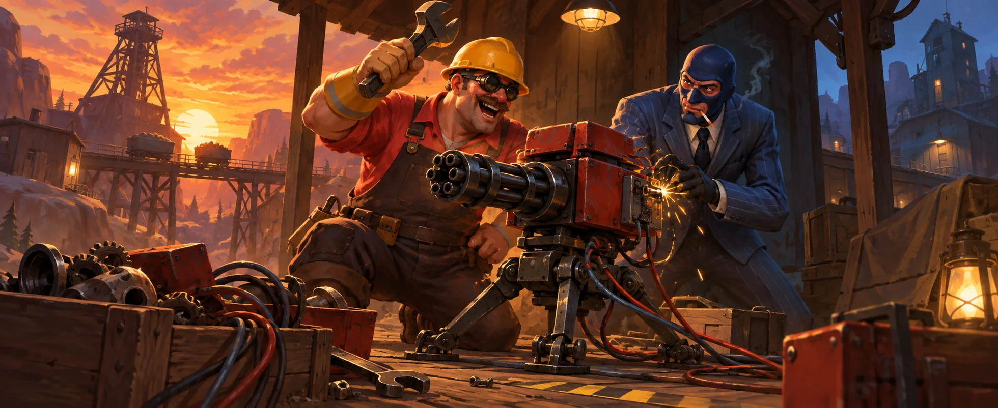 A grinning engineer in a yellow hard hat and goggles swings a wrench as a masked spy in a blue suit plants a sparking device on his sentry gun in a dusk mining outpost.