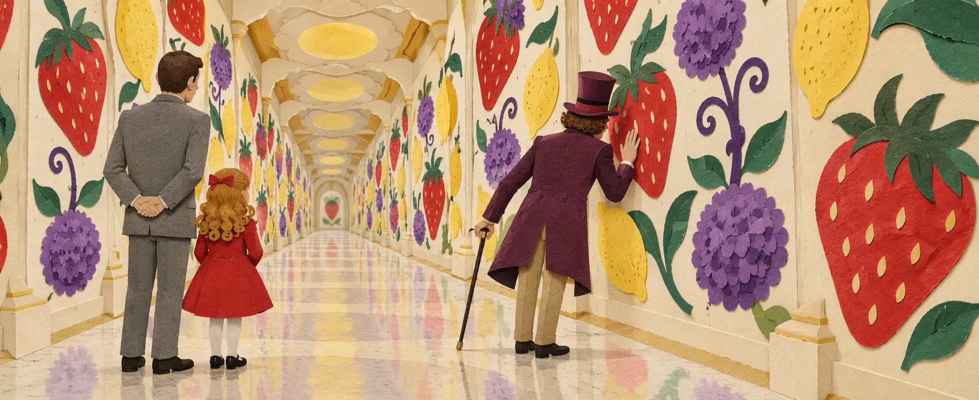 Cut-paper collage of a long corridor papered with giant strawberries, lemons and purple berries; Willy Wonka leans in to the wall while Veruca Salt in a red coat and her father watch.