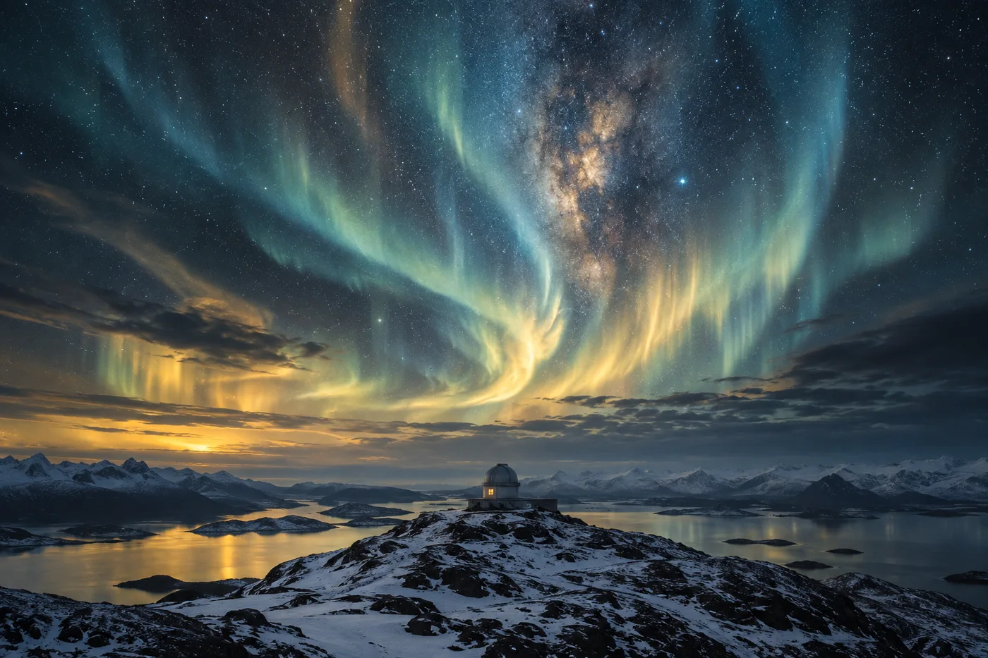 A small observatory beneath stars and green-gold aurora above a mountain lake.