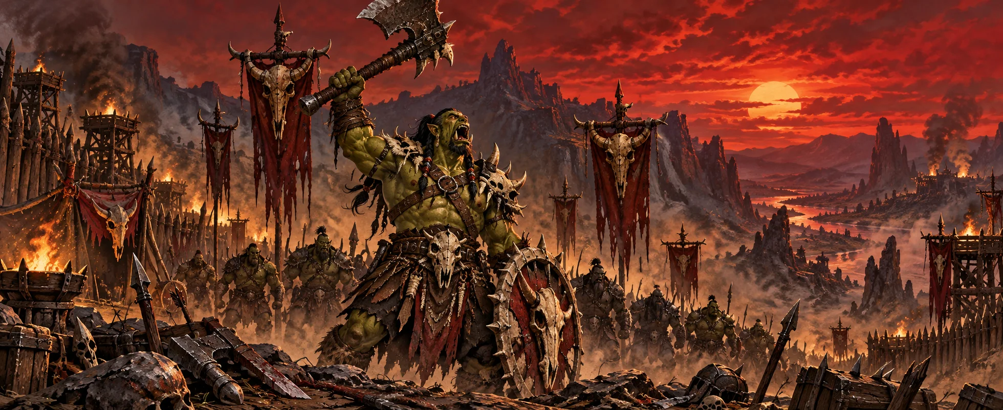 A tusked orc warrior raises a great axe with a battle cry before ranks of warriors and bone banners under a blood-red sky.