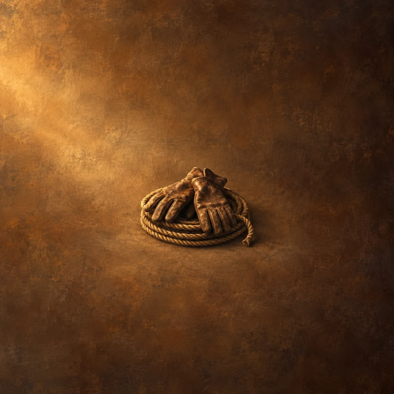 Worn leather work gloves lie on a coiled rope against a warmly lit brown background.